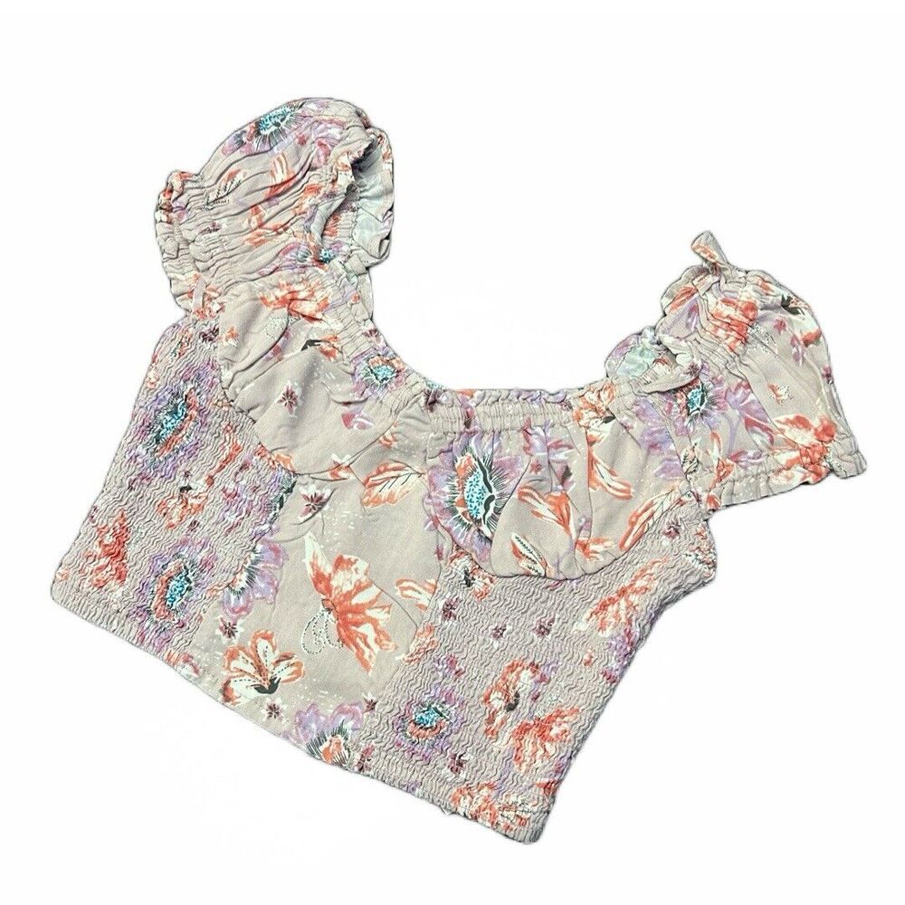 Japna Women's Crop Top Lavander Floral Pattern Cap Sleeve Stretch Size L NWT